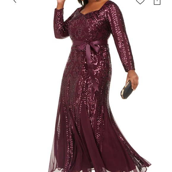 Burgundy Plus Size Godet Sequin Gown - Picture 7 of 9
